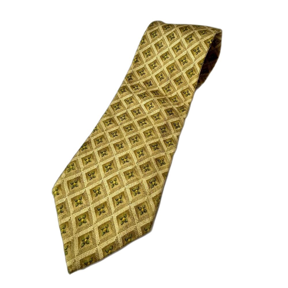 Ermenegildo Zegna Men's Gold Diamond Flower Pattern 100% Italian Silk Tie